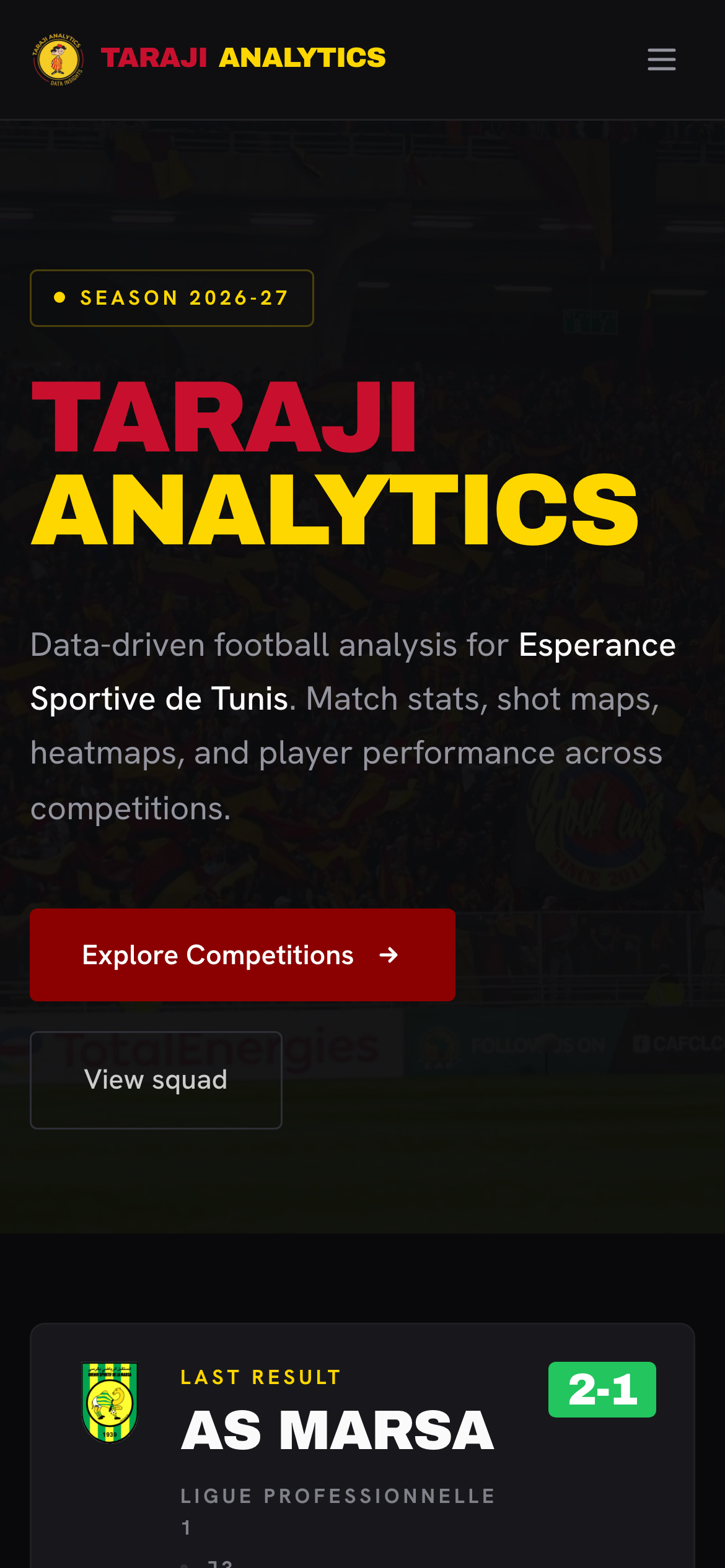 The Taraji Analytics app on a phone, showing the home screen