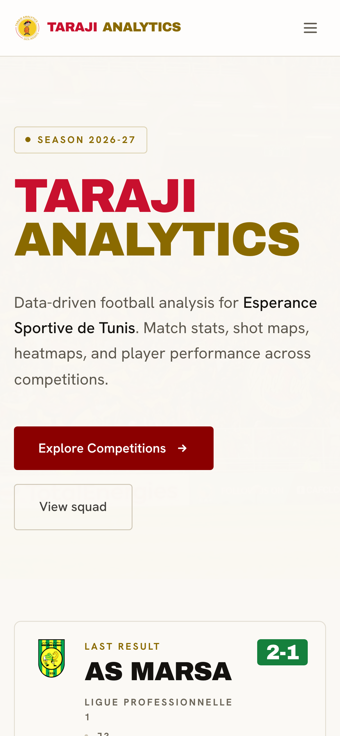 The Taraji Analytics app on a phone, showing the home screen